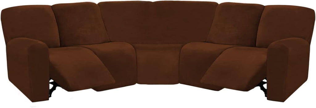 ULTICOR 7-Piece L Shape Sectional, Velvet Stretch Reclining Couch Covers for Sofa, Thick, Soft, Washable (Chocolate, 5 Seat Recliner Cover)