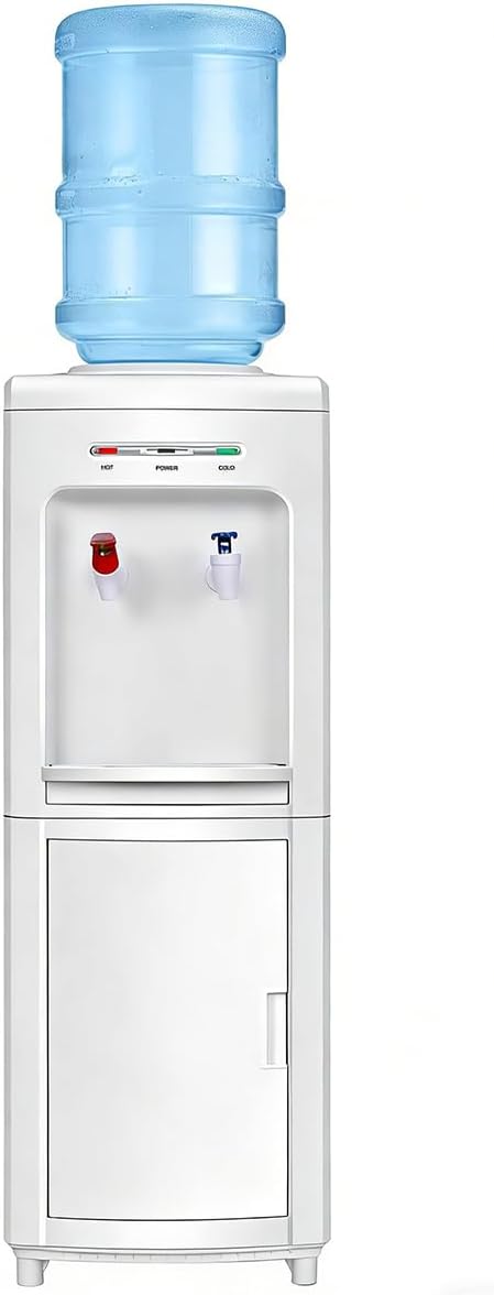 COSTWAY Water Cooler Dispenser for 3-5 Gallon Bottle, Top Loading Hot and Cold Water Dispenser with Storage Cabinet, Child Lock, Water Cooler with Compression Refrigeration Technology, White