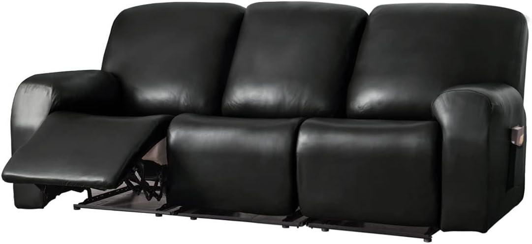 vctops 8 Pieces Waterproof Faux PU Leather Recliner Sofa Covers Stretch Soft 3 Seats Couch Cover Anti-Slip Sofa Slipcover Furniture Protector with Elastic Bottom for Kids Pet(Black,3 Seat)