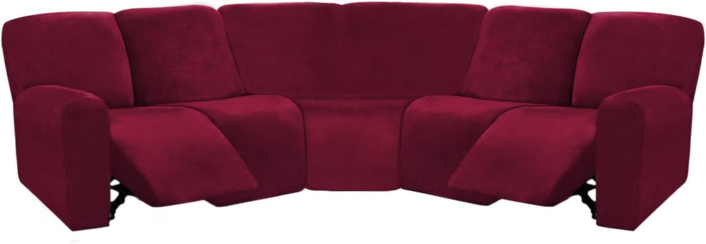 ULTICOR 7-Piece L Shape Sectional Recliner Sofa Covers, Velvet Stretch Reclining Couch Covers for Reclining L Shape Sofa, Thick, Soft, Washable (Burgundy - Wine, L Shape 5 Seat Recliner Cover)