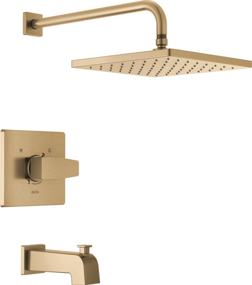 Delta Modern 14 Series Square Rain Bathtub and Shower Faucet Set, Rainfall Brushed Gold Shower Head and Handle Set, Valve Trim Kit, 10 Inch, Champagne Bronze T14468-CZ-PP (Valve Not Included)