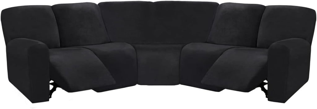 ULTICOR 7-Piece L Shape Sectional Recliner Sofa Covers, Velvet Stretch Reclining Couch Covers for Sofa, Thick, Soft, Washable (Black, 5 Seat Cover)