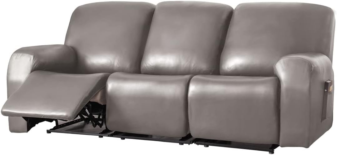 vctops 8 Pieces Waterproof Faux PU Leather Recliner Sofa Covers Stretch Soft 3 Seats Couch Cover Anti-Slip Sofa Slipcover Furniture Protector with Elastic Bottom for Kids Pet(Grey Brown,3 Seat)