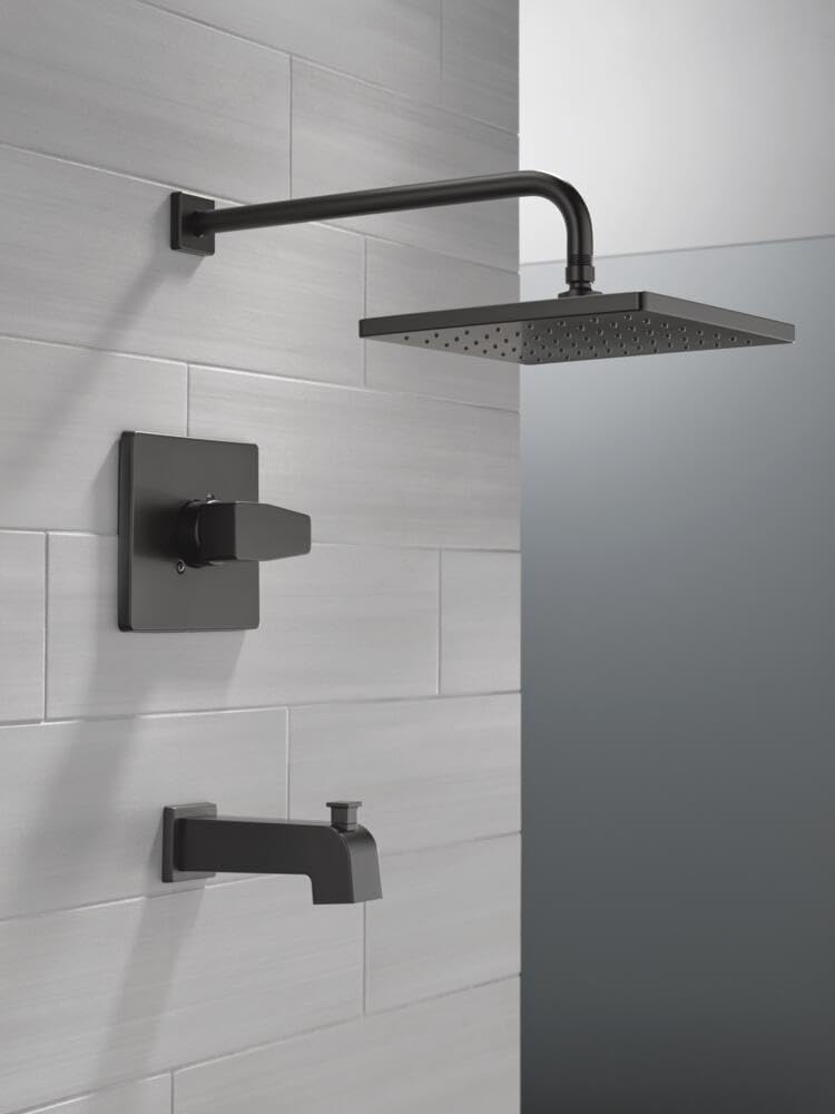 Delta Modern 14 Series Square Rain Bathtub and Shower Faucet Set, Rainfall Matte Black Shower Head and Handle Set, Valve Trim Kit, 10 Inch, Matte Black T14468-BL-PP (Valve Not Included)