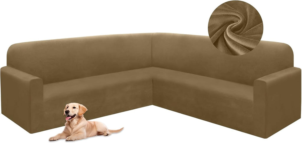 HDCAXKJ Corner Sectional Couch Covers Velvet Stretch L Shape Sofa Cover Soft Thick Sectional Slipcovers Set U Shaped Living Room Non Slip Magic Furniture Protector for Pet Dogs (Brown Khaki, X-Large)