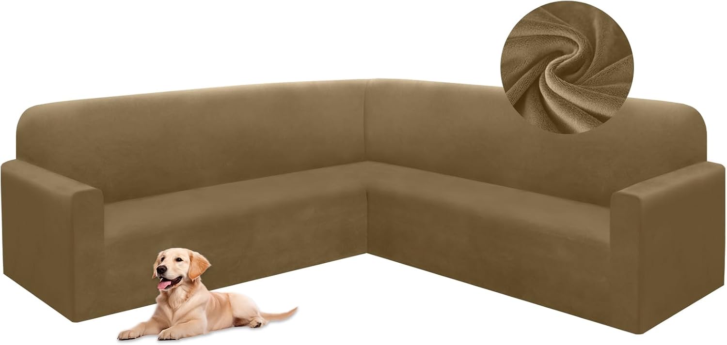 HDCAXKJ Corner Sectional Couch Covers Velvet Stretch L Shape Sofa Cover Soft Thick Sectional Slipcovers Set U Shaped Living Room Non Slip Magic Furniture Protector for Pet Dogs (Brown Khaki, X-Large)