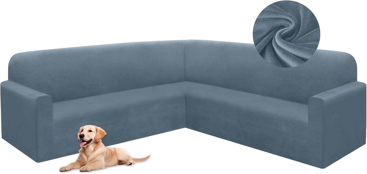 HDCAXKJ Corner Sectional Couch Covers Velvet Stretch L Shape Sofa Cover Soft Thick Sectional Slipcovers Set U Shaped Living Room Non Slip Magic Furniture Protector for Pet Dogs (Blue Gray, Small)
