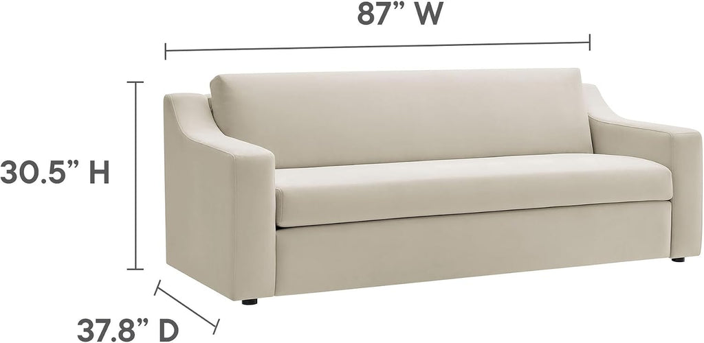 Modway Liora 87 Inch Stain-Resistant Performance Velvet Sofa in Alabaster - 3 Seater Upholstered Sofa Couch for Living Room Seating - Comfy Deep Seat Sofa with Scoop Arms