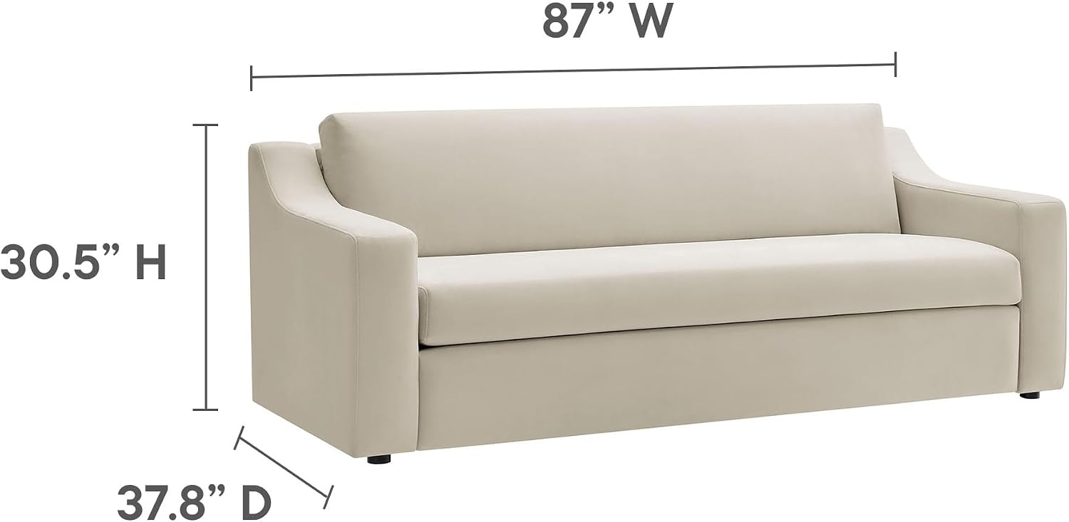 Modway Liora 87 Inch Stain-Resistant Performance Velvet Sofa in Alabaster - 3 Seater Upholstered Sofa Couch for Living Room Seating - Comfy Deep Seat Sofa with Scoop Arms