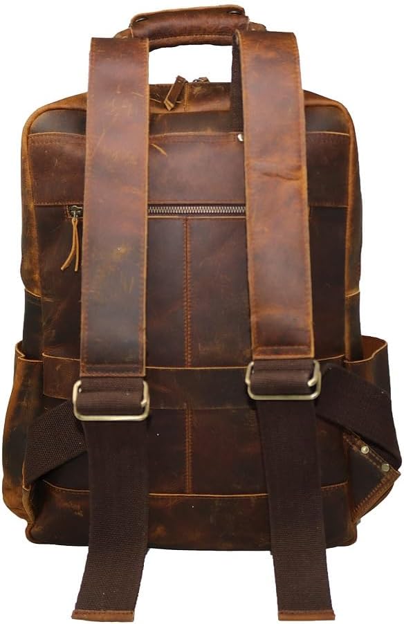 Jaald Leather Laptop Backpack Rucksack Multipocket Full Grain Leather Gaming Laptop Bag School Daypack For Men Anti-Theft Pocket Brown