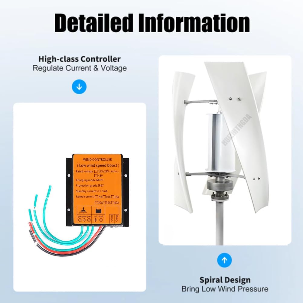 1000W Vertical Low Noise Wind Turbine Generator, 3 Blade Portable Permanent Magnet Generator 12V 24V 48V W/Controller for Home, Boats, Street Lighting(White)