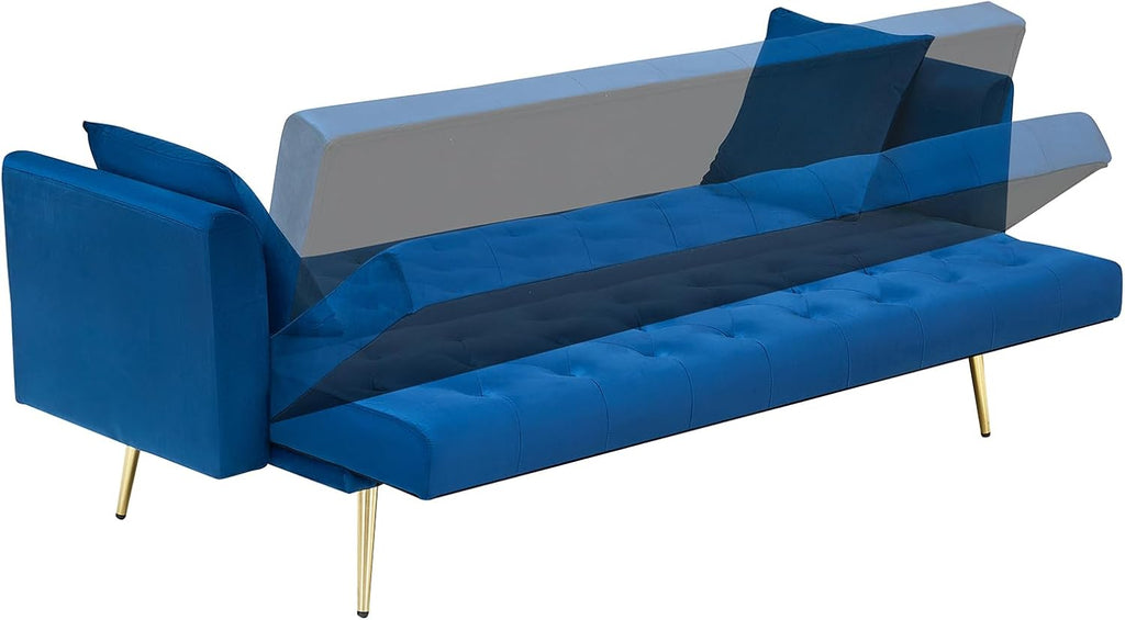 71' Modern Velvet Sofa Bed Futon, Convertible Sleeper Couch with Adjustable Backrest, Tufted Recliner Loveseat with Golden Chrome Legs & 2 Pillows for Small Spaces, Living Room, Apartment (Blue)
