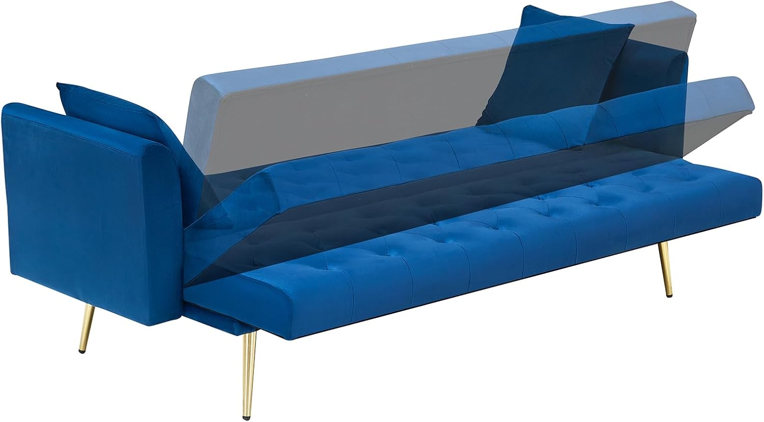 71' Modern Velvet Sofa Bed Futon, Convertible Sleeper Couch with Adjustable Backrest, Tufted Recliner Loveseat with Golden Chrome Legs & 2 Pillows for Small Spaces, Living Room, Apartment (Blue)