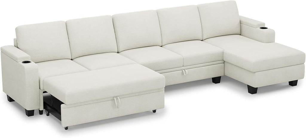 Belffin Modular Sectional Sleeper Sofa Bed with Storage Chaise L Shaped Sectional Couches for Living Room Armrest with Cup Holder. White Couch