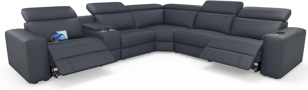 AMERLIFE Power Recliner Sectional Sofa with Storage/USB Port, Leather Recliner Sofa with Adjustable Headrest, Reclining Sectional Couches with Console and Cup Holder for Living Room (Gray, 5-Seater)