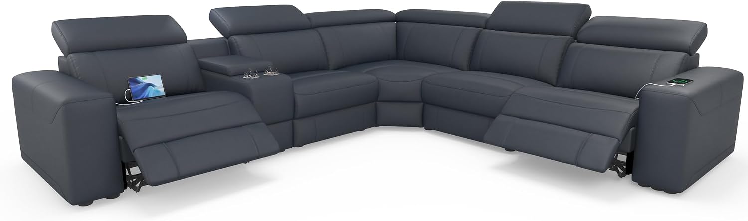 AMERLIFE Power Recliner Sectional Sofa with Storage/USB Port, Leather Recliner Sofa with Adjustable Headrest, Reclining Sectional Couches with Console and Cup Holder for Living Room (Gray, 5-Seater)