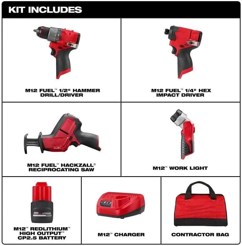 3497-24 for Milwaukee M12 FUEL 4-Tool Combo Kit 3404-20 1/2' Hammer Drill/Driver, 3453-20 1/4' Hex Impact Driver, 2520-20 Recip Saw, 49-24-0146 Work Light