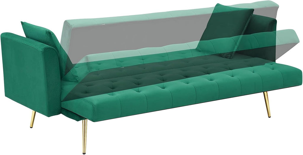 71' Modern Velvet Sofa Bed Futon, Convertible Sleeper Couch with Adjustable Backrest, Tufted Recliner Loveseat with Golden Chrome Legs & 2 Pillows for Small Spaces, Living Room, Apartment (Green)