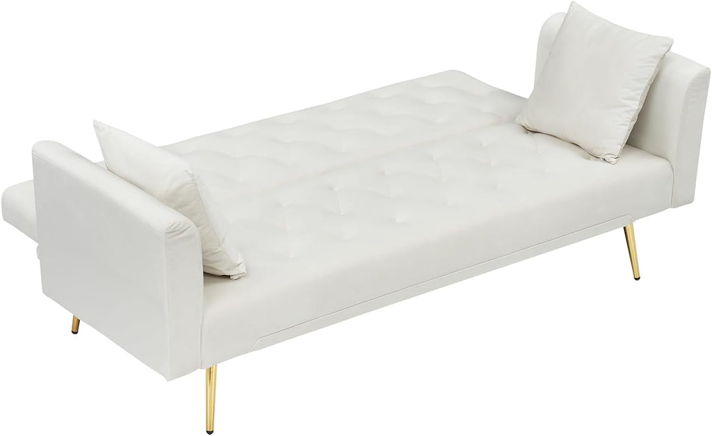 71' Modern Velvet Sofa Bed Futon, Convertible Sleeper Couch with Adjustable Backrest, Tufted Recliner Loveseat with Golden Chrome Legs & 2 Pillows for Small Spaces, Living Room, Apartment (Beige)