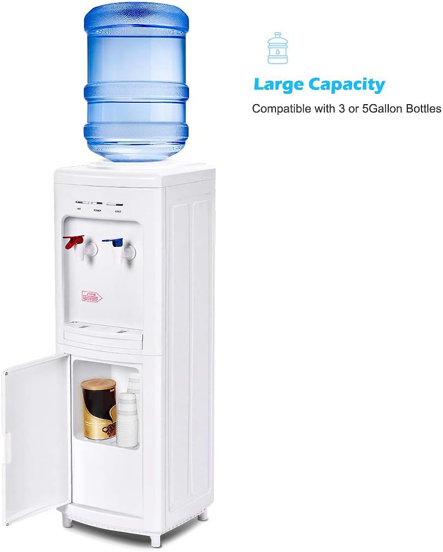 COSTWAY Water Cooler Dispenser for 3-5 Gallon Bottle, Top Loading Hot and Cold Water Dispenser with Storage Cabinet, Child Lock, Water Cooler with Compression Refrigeration Technology, White
