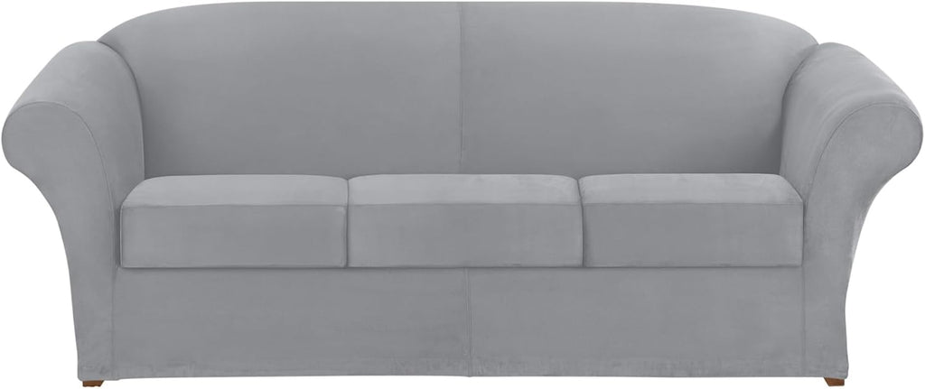 SureFit Ultimate Stretch Suede Four Piece Sofa Slipcover | Form-Fitting | Individual Cushion Covers | Machine Washable Sofa/Box Cushion/Light Gray
