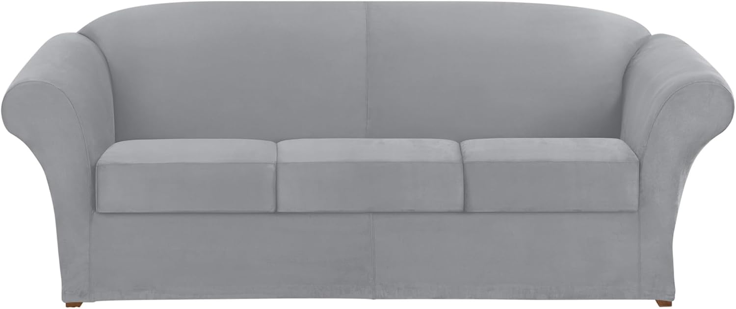 SureFit Ultimate Stretch Suede Four Piece Sofa Slipcover | Form-Fitting | Individual Cushion Covers | Machine Washable Sofa/Box Cushion/Light Gray