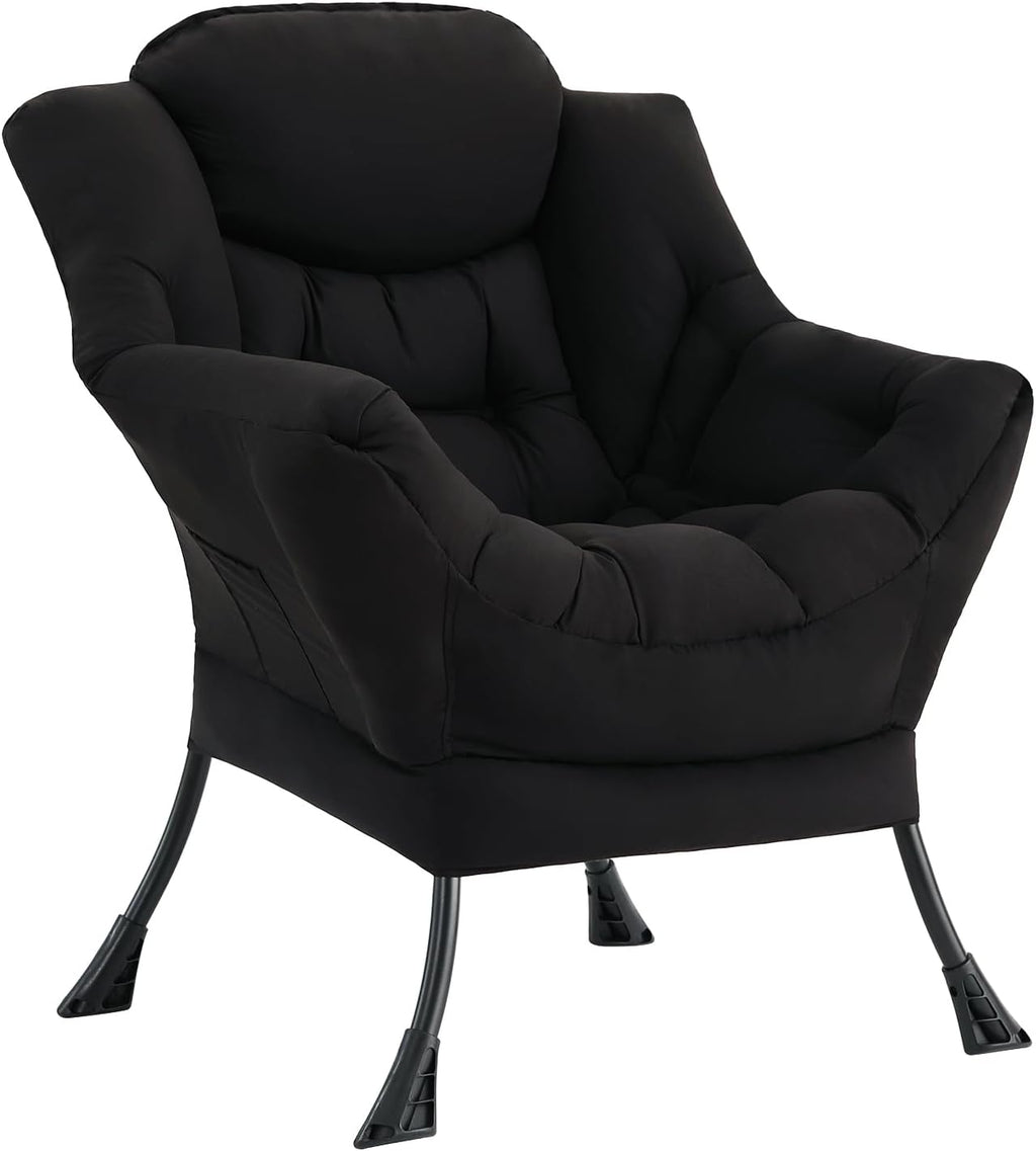MBOOYOME Lazy Chair, Modern Soft Reading Chair Accent Contemporary Sofa Chair with Armrests and a Side Pocket for Living Room, Bedroom, Dorm & Office, Black