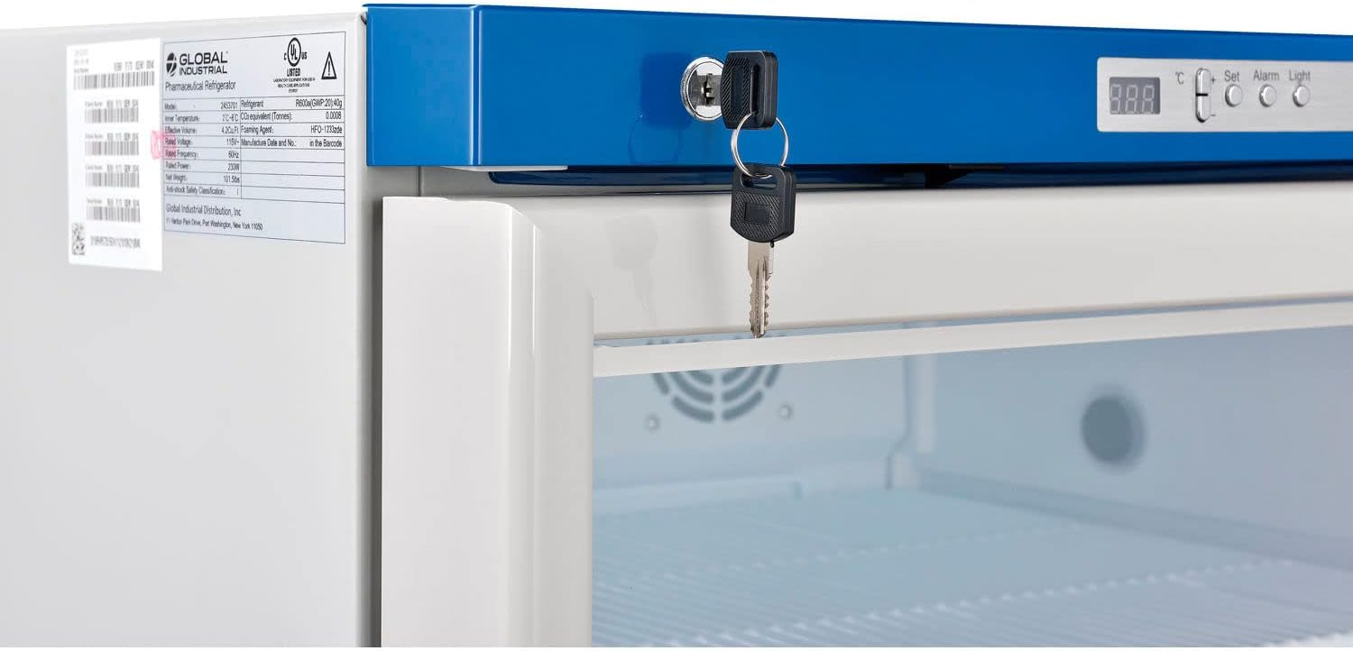 Global Industrial Undercounter Laboratory Refrigerator, Glass Door with Key Lock, 4.2 Cu.Ft. Capacity, 2°C to 8°C Temperature Range, 115V, Medical and Lab Use