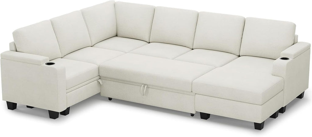Belffin Sleeper Sofa Modular Sectional Pull Out Couch Bed U Shaped Sofa Couch for Living Room with Storage Chaise. White