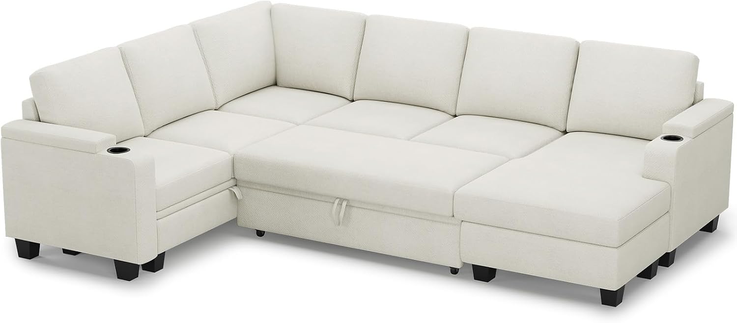 Belffin Sleeper Sofa Modular Sectional Pull Out Couch Bed U Shaped Sofa Couch for Living Room with Storage Chaise. White