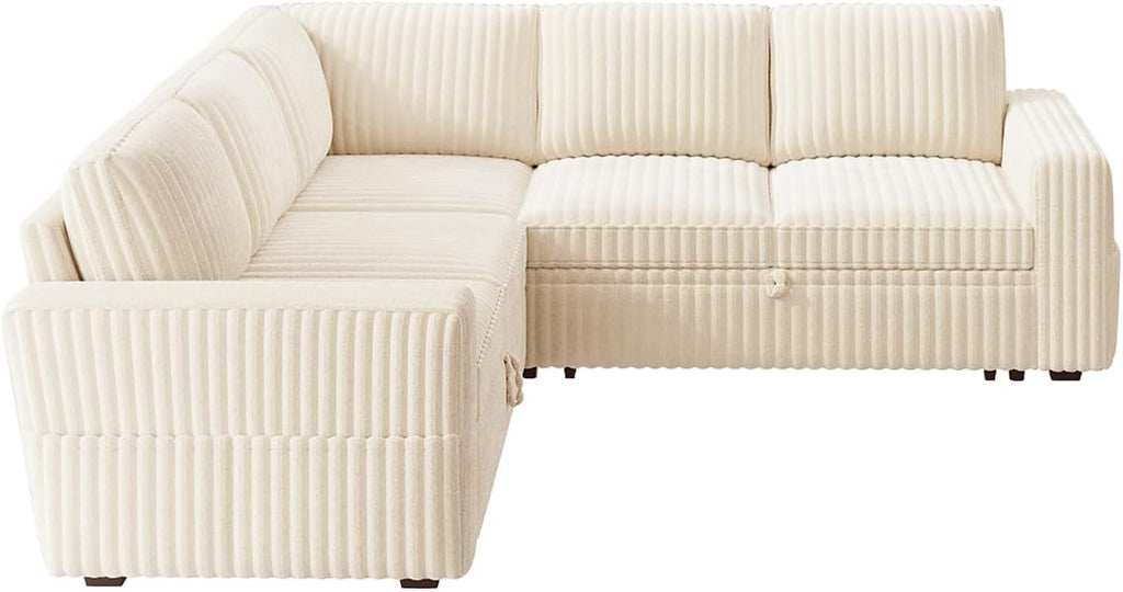 HONBAY Modular Sectional Sleeper Sofa with Pull Out Bed,Corduroy L Shaped Couch with Storage, Sectional Couches for Living Room,Beige