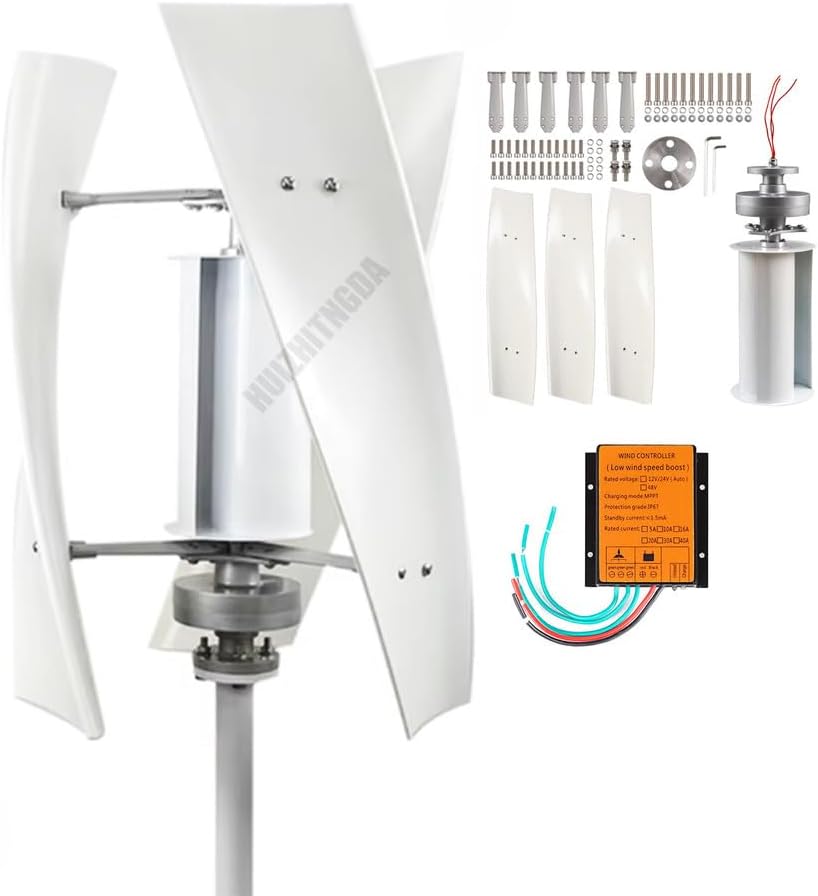 1000W Vertical Low Noise Wind Turbine Generator, 3 Blade Portable Permanent Magnet Generator 12V 24V 48V W/Controller for Home, Boats, Street Lighting(White)