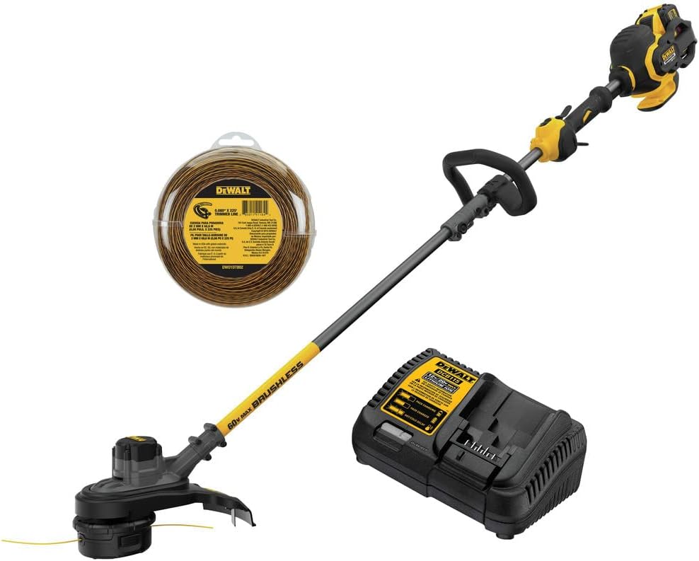 DEWALT FLEXVOLT 60V MAX* String Trimmer, Two Speed, 15-Inch, 3-Ah Battery & Extra Trimmer Line, 225-foot by 0.080-Inch (DCST970X1 & DWO1DT802) Yellow