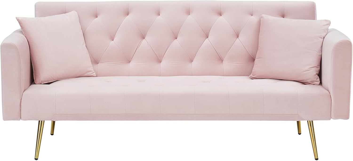 71' Modern Velvet Sofa Bed Futon, Convertible Sleeper Couch with Adjustable Backrest, Tufted Recliner Loveseat with Golden Chrome Legs & 2 Pillows for Small Spaces, Living Room, Apartment (Pink)