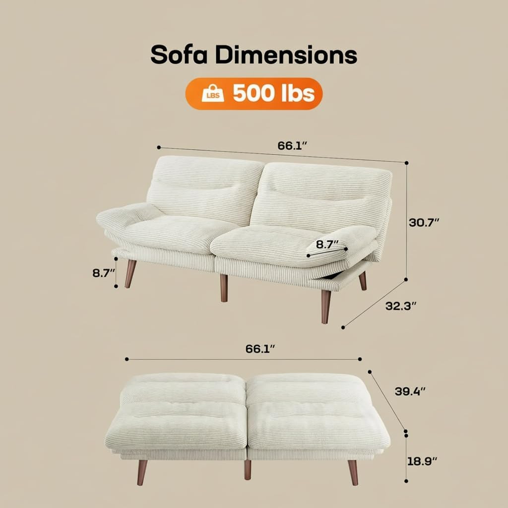 AMADA 66'Convertible Futon Sofa Bed, Corduroy Folding Futon Set with Adjustable Backrest &Armrests, Recliner Lounge for Living Room, Apartment or Office, Solid Wood Frame, Loveseat Sofa - Beige White