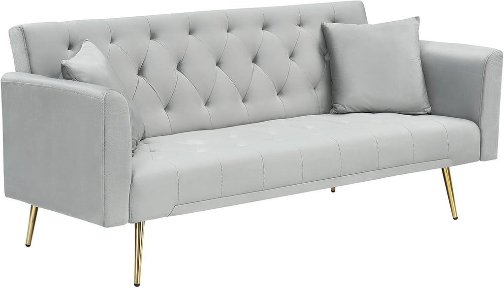 71' Modern Velvet Sofa Bed Futon, Convertible Sleeper Couch with Adjustable Backrest, Tufted Recliner Loveseat with Golden Chrome Legs & 2 Pillows for Small Spaces, Living Room, Apartment (Gray)