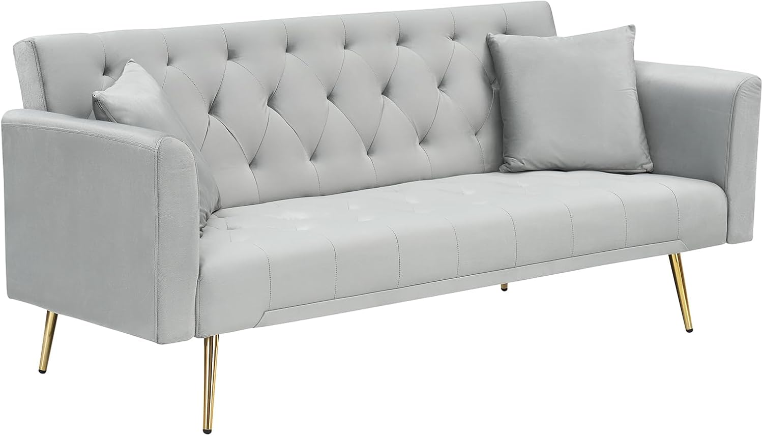 71' Modern Velvet Sofa Bed Futon, Convertible Sleeper Couch with Adjustable Backrest, Tufted Recliner Loveseat with Golden Chrome Legs & 2 Pillows for Small Spaces, Living Room, Apartment (Gray)