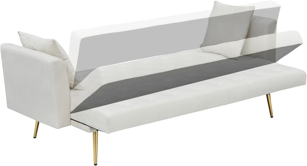 71' Modern Velvet Sofa Bed Futon, Convertible Sleeper Couch with Adjustable Backrest, Tufted Recliner Loveseat with Golden Chrome Legs & 2 Pillows for Small Spaces, Living Room, Apartment (Beige)