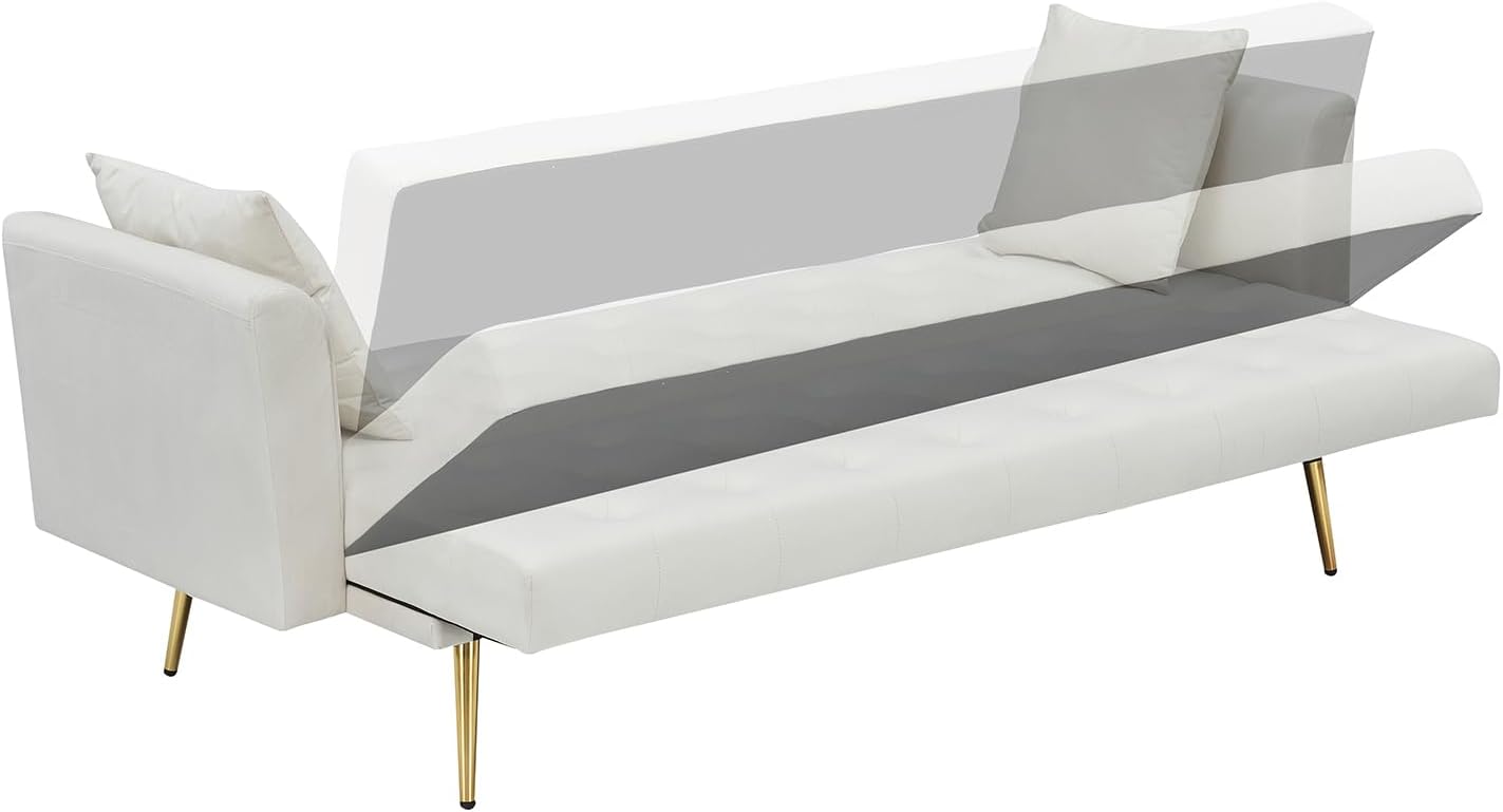 71' Modern Velvet Sofa Bed Futon, Convertible Sleeper Couch with Adjustable Backrest, Tufted Recliner Loveseat with Golden Chrome Legs & 2 Pillows for Small Spaces, Living Room, Apartment (Beige)