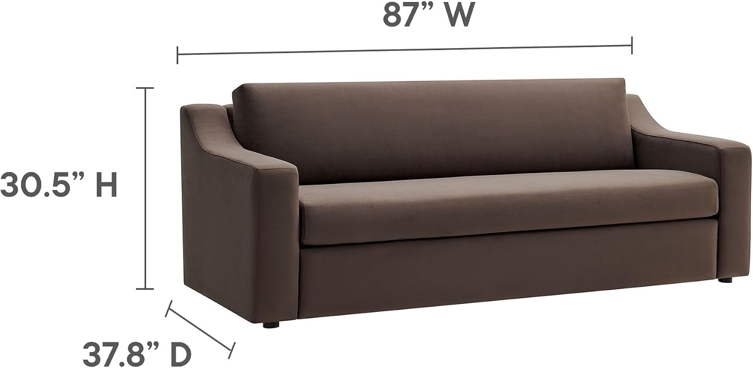 Modway Liora 87 Inch Stain-Resistant Performance Velvet Sofa in Chocolate Brown - 3 Seater Upholstered Sofa Couch for Living Room Seating - Comfy Deep Seat Sofa with Scoop Arms