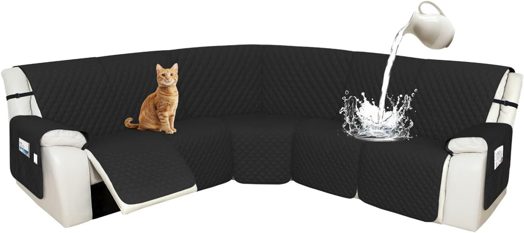 Arfntevss Recliner Sectional Couch Covers 1OO% Waterproof L Shape Sofa Cover for Reclining L Shaped Sectional Slipcover Set for Dog Washable Corner Non Slip Furniture Protector (5 Seater, Black)