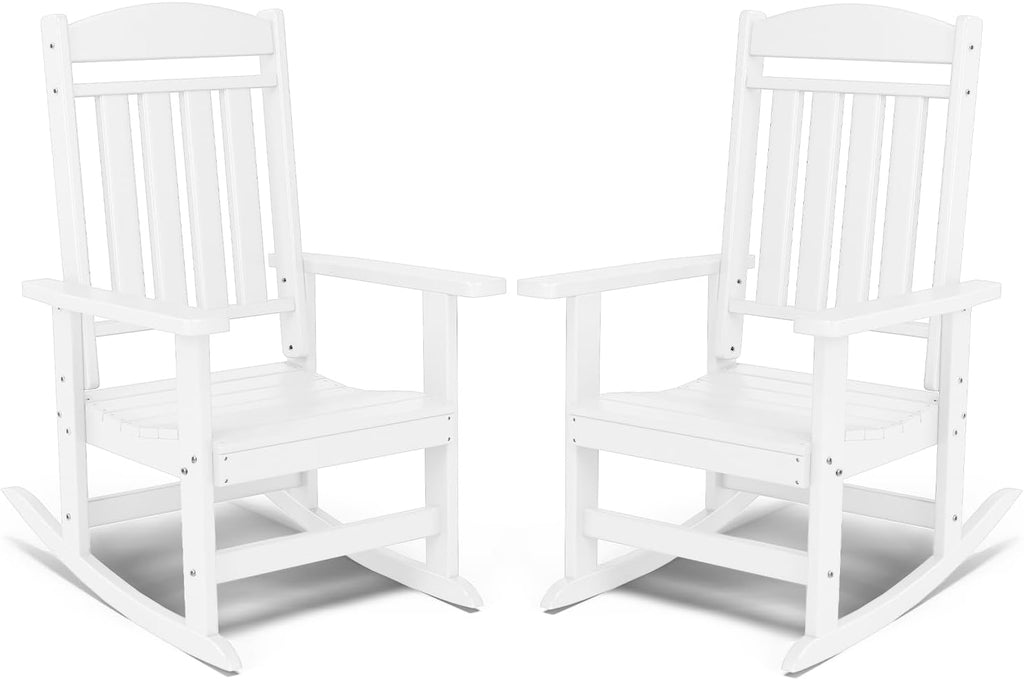 FOOWIN Patio Rocking Chairs Set of 2,HDPE High Back Porch Rocker,All Weather Resistant Poly Lumber Outdoor Porch Rocker, Rocking Chairs for Outdoor, Indoor, Patio, Deck, Garden White