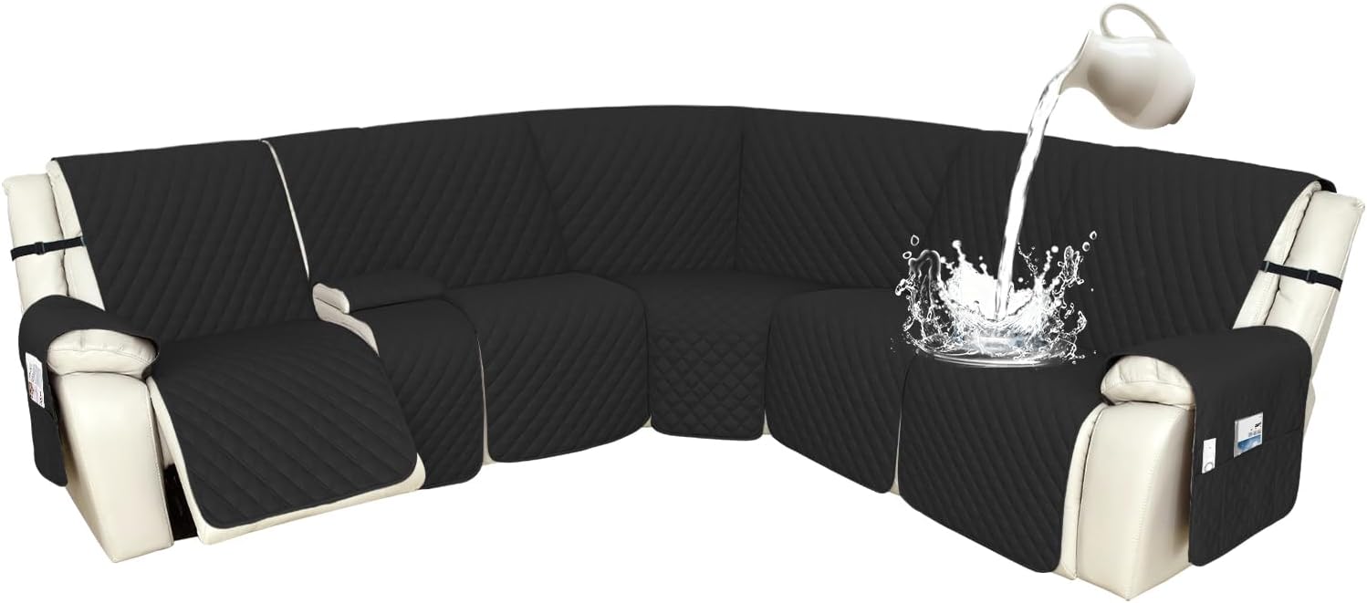 Arfntevss Recliner Sectional Couch Covers 1OO% Waterproof L Shape Sofa Cover for Reclining L Shaped Sectional Slipcover Dog Washable Corner Non Slip Protector (5 Seater with 1 Console, Black)