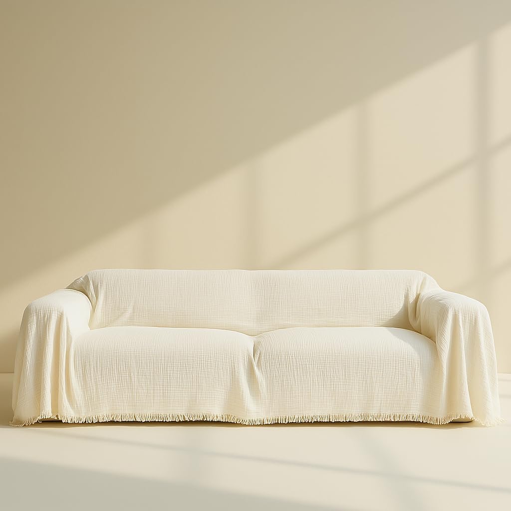Cloud Like Sofa Cover %100 Pure Cotton, Gauze Couch Covers for Sectional, 3 Seater, 4 Seater Sofa, Extra Large 4 Layered Muslin Natural Fabric, Washable Couch Cover (Cream, 95x150' / 240x380 cm)