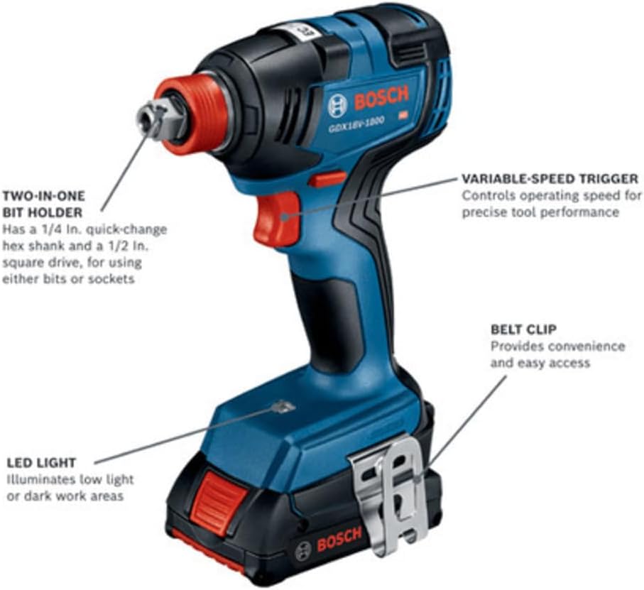 Bosch 18V GDX18V Two-In-One 1/4 Inch and 1/2 Inch Bit Socket Impact Driver Wrench Kit with Standard Power Battery and Focused LED Light (Renewed)