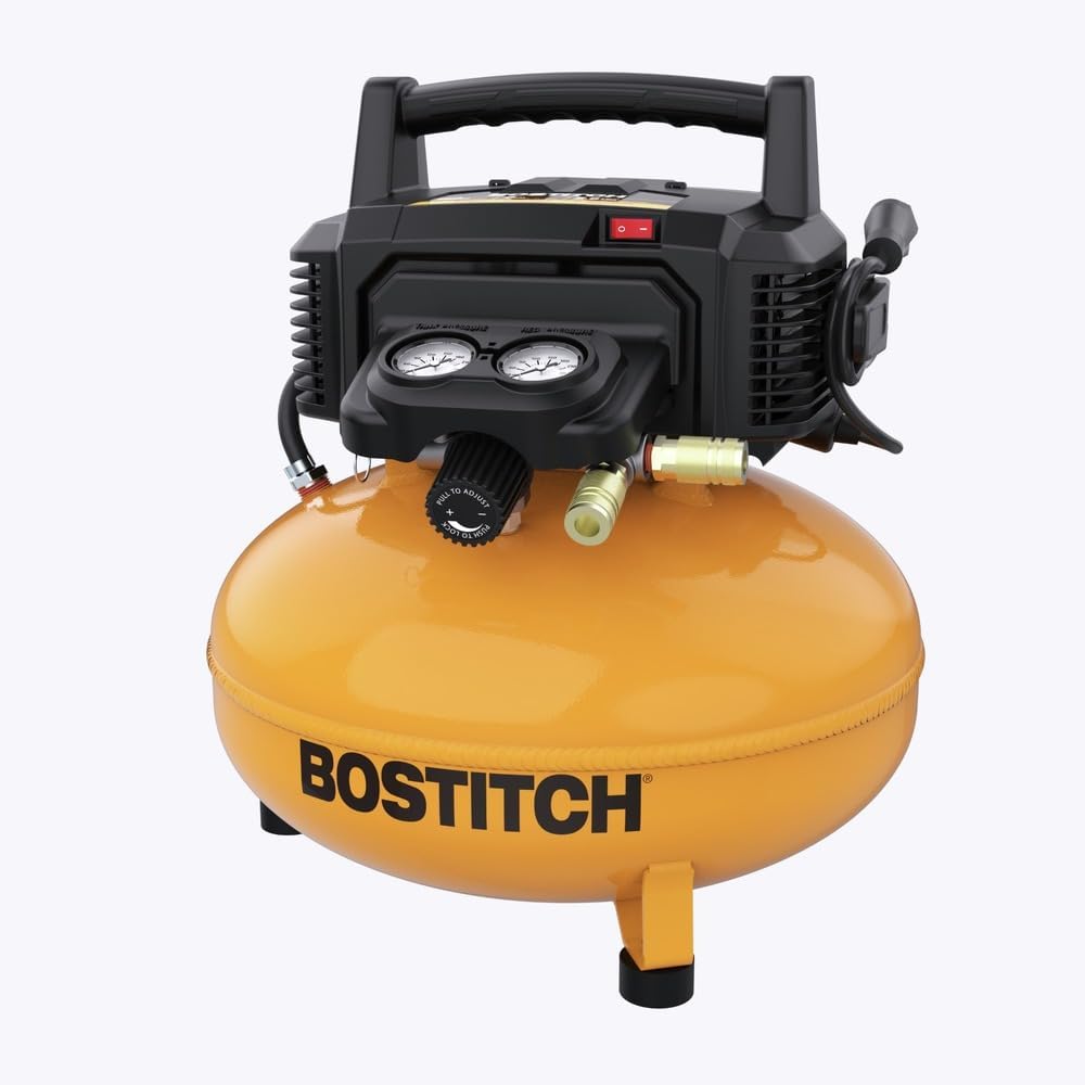 Bostitch 6 Gallon Pancake Air Compressor with 150 Max PSI, 2.6 CFM @ 90 PSI and SmartPoint 18 Gauge Brad Nailer Premium Combo Kit