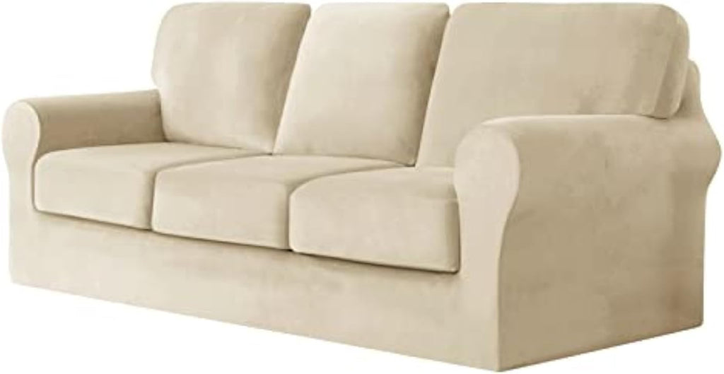 7 Piece Stretch Velvet Ektorp Sofa Covers, for 1 Base Cover, 3 Cushion Couch Cover and 3 Backrest Cover, for Living Room Furniture (Beige,Large 3 Seat 7 PCS)