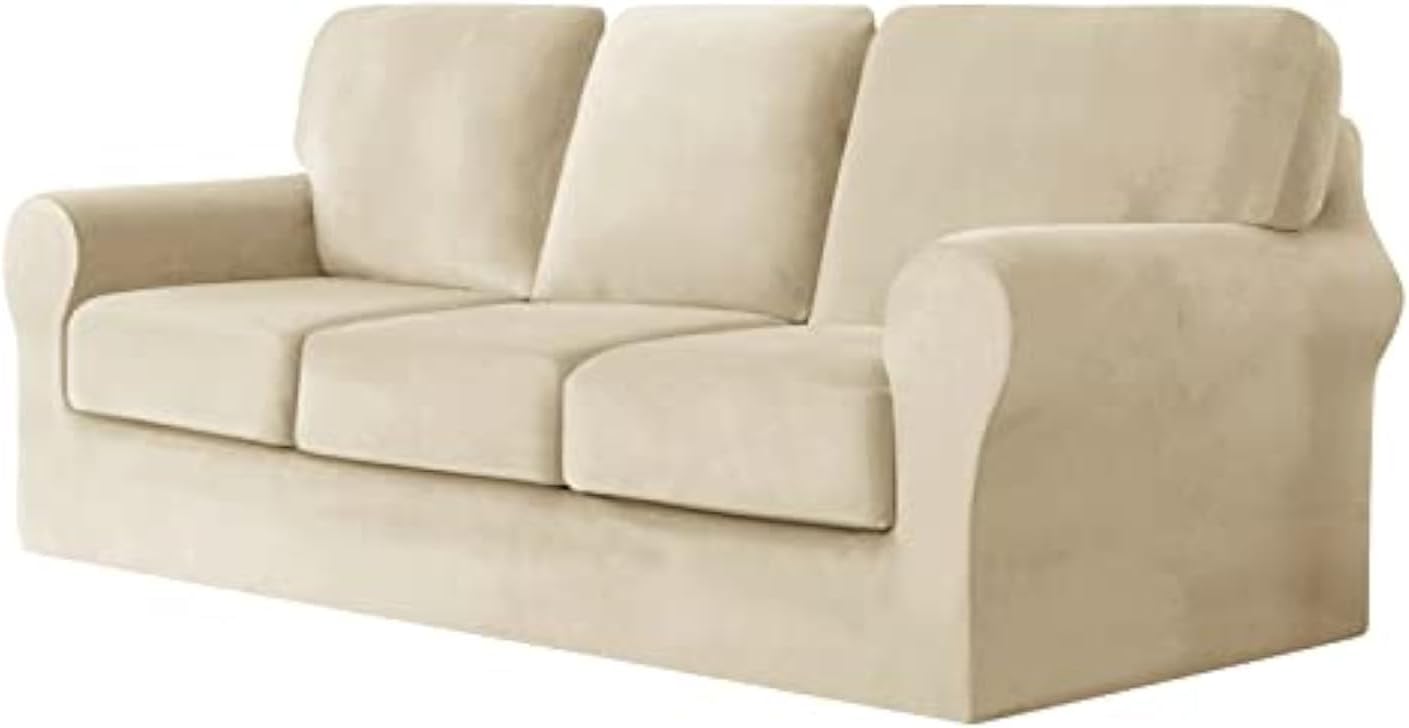 7 Piece Stretch Velvet Ektorp Sofa Covers, for 1 Base Cover, 3 Cushion Couch Cover and 3 Backrest Cover, for Living Room Furniture (Beige,Large 3 Seat 7 PCS)