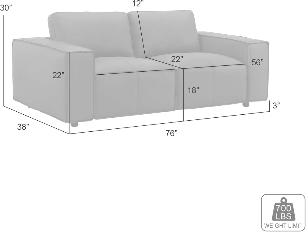 Clayton 76' Modern Leather Loveseat in Anthracite Gray or Ochre with Track Arms
