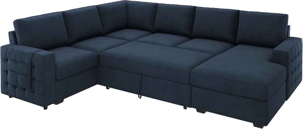 HONBAY Sectional Sleeper Sofa with Pull Out Bed U-Shape Sectional Couch Sleeper Bed with Storage Chaise Lounge Living Room 6 Seater Sectional Sofa,Velvet Dark Blue